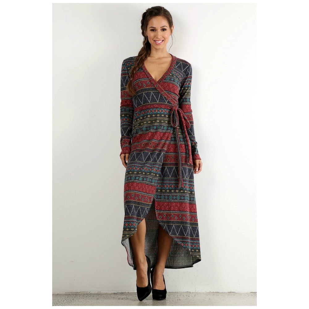 Red Geometric Wrap Dress